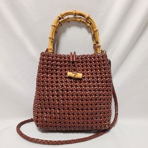 Vintage Bamboo Handle Woven Leather Purse